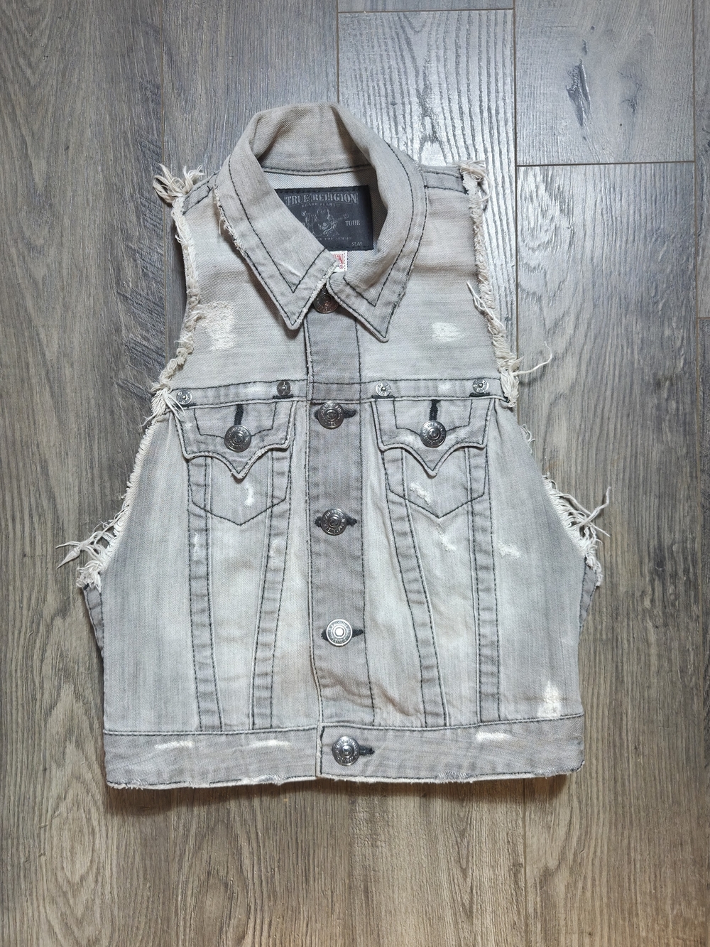 True Religion Distressed Sleeveless Denim Vest - Gray/black